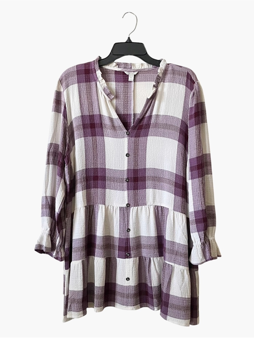 Cato Top Women's Size XL Purple Ivory Buffalo Plaid Peplum Bell Sleeve Tiered